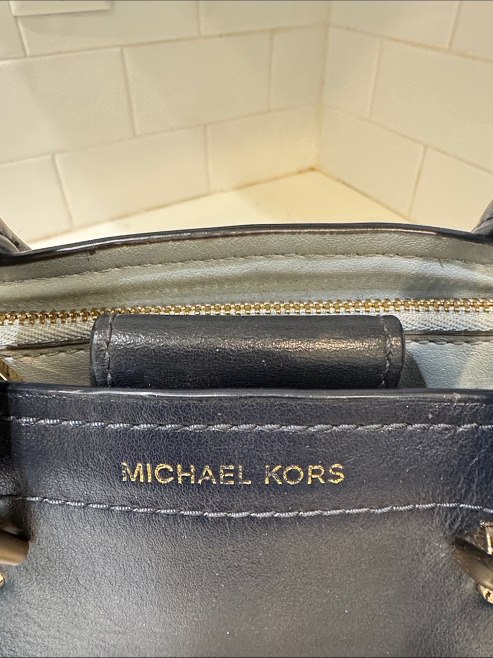 Michael Kors Navy Leather Satchel with Gold Hardware - Picture 2 of 16
